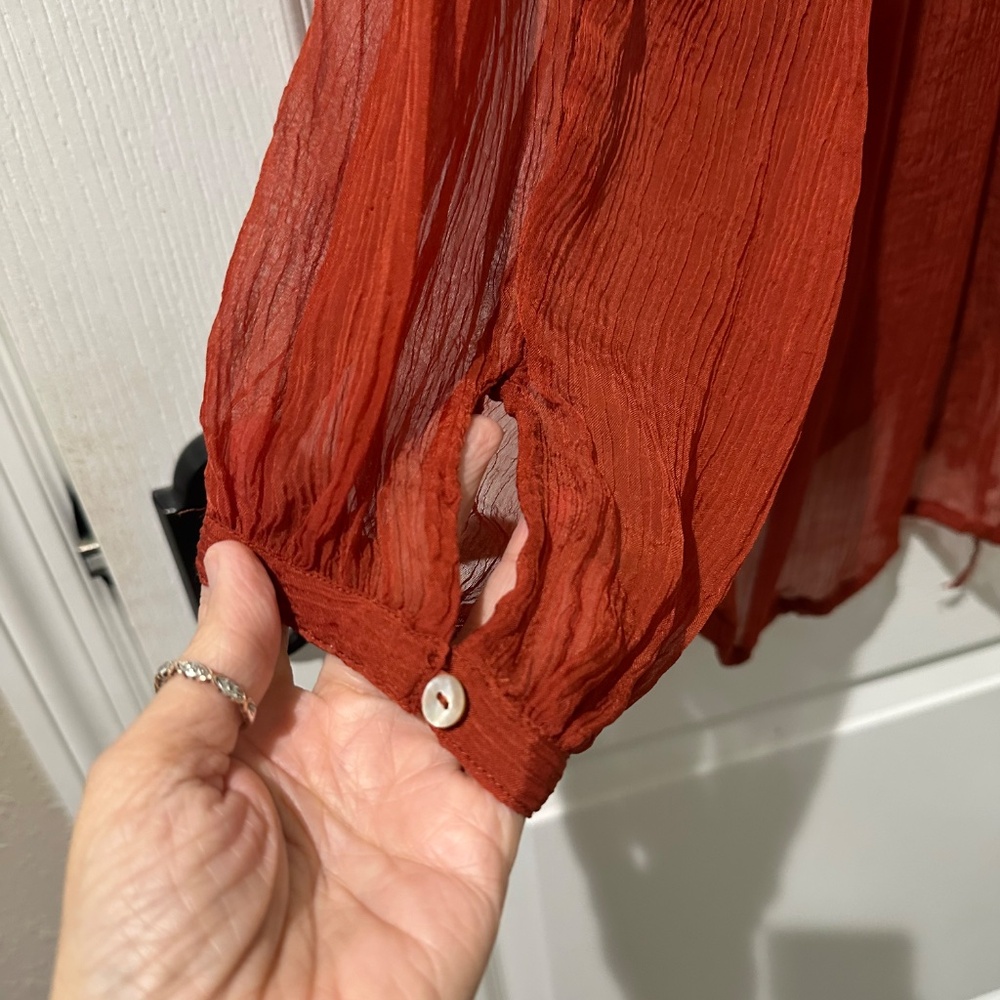 Anthropologie Kimchi Blue Red Rust Semisheer Gauze Top - Picture 7 of 9